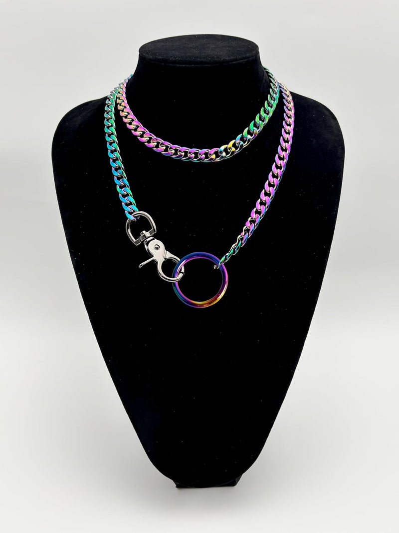 paloli Women's Slip Chain Rainbow Heart O-Ring Chunky Chain Necklace, Rays Cuban Long Layered Jewelry, Adjustable Lariat Y-Necklace Heart Loop Choker - Image 2